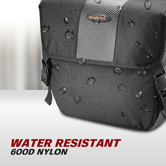 Ibera Adjustable Bicycle Bag (Pair) with Quick Release/Clip-On System - Water Resistant Bike Saddle Bags For Rear Rack with & 19.8 lbs Capacity Each - Saddle Bag Bicycle Fits Most Racks (Black)