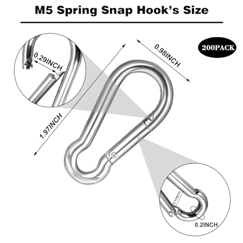 200 PCS 2'' Spring Snap Hook Carabiner, M5 3/16 Inch Galvanized Silver Steel Small Carabiner Clip, 220LBS Holding Capacity Quick Link Clip Keychain for Hammock Dog Leash & Camping Gym