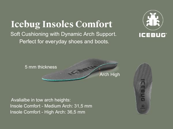 Icebug Comfort Insoles with Dynamic Arch Support, Charcoal High Arch, M 10/W 11.5-12