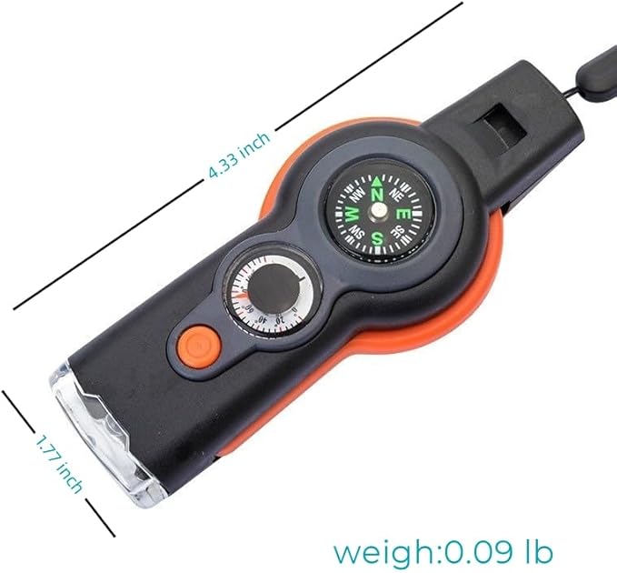 7 in 1 Emergency Survival Whistle with Compass, Outdoor Multi-Functional Hiking Safety Tool with Lanyard