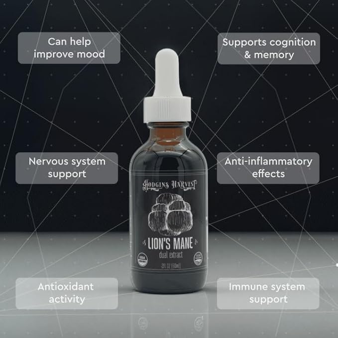 Hodgins Harvest Organic Lion's Mane Fruiting Body Extract Tincture - Mushroom Supplement for Brain Health and Mental Focus - Dual Extract Formula - Extra Concentrated - 2 fl oz Bottle