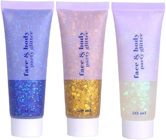 3 Color Face and Body Glitter Gel, Neon Outfit Glow Party for Body Hair Face Nail Glitter Stick Makeup. (01-Blue&02-Gold &06-White Moonbeam)