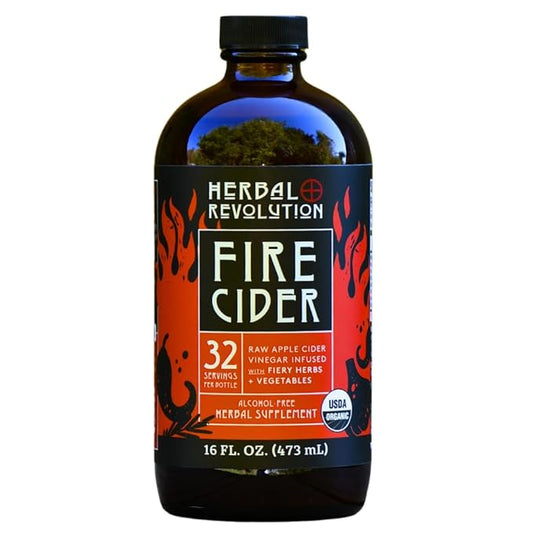 Herbal Revolution Fire Cider Apple Cider Vinegar - Certified Organic Non-GMO ACV Infused with Ginger, Horseradish, Hot Peppers, Honey, and More - Made Using Regenerative Farming Practices 16 Oz