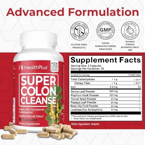 Health Plus Super Colon Cleanse 15 Day Supply of Gentle Gut Cleanse Detox, Psyllium Husk, Probiotics for Constipation Relief & Digestive Support, 60 Capsules