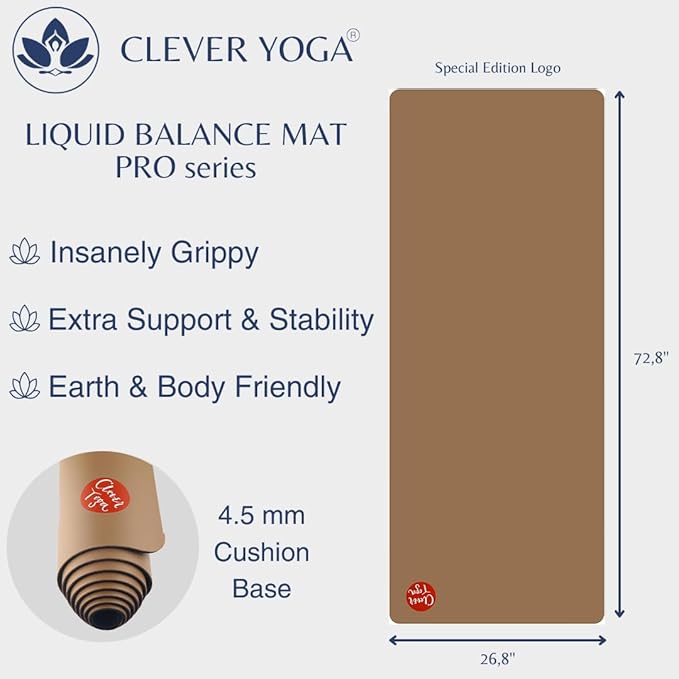 Clever Yoga Liquid Balance Thick Yoga Mat - Pro Exercise Yoga Mat with Non-Slip Surface for Home Gym, Earth-Friendly & Recyclable Pilates and Workout Pad Women & Men, 4.5 mm