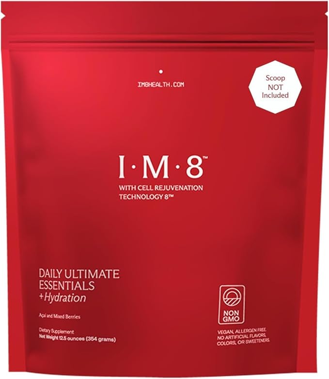 IM8 Daily Ultimate Essentials All-in-1 Multivitamin Supplement, 92 Nutrient Rich Ingredients CoQ10, Probiotics, Vitamins, Greens, GF, Acai Mixed Berry (30 Servings, Refill Pouch)