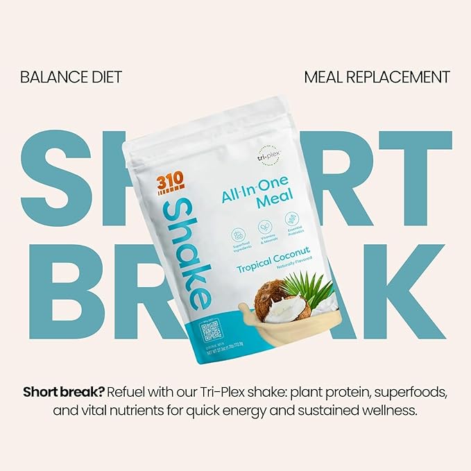 310 Nutrition All-In-One Meal Replacement Shake Powder - Plant-Based Protein Smoothie Blend w/High Fiber, Probiotics & Adaptogens - Low Carb, Vegan, Keto & Paleo Friendly - Tropical Coconut - 28 Srv