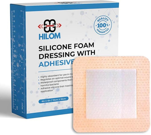 Hilom Silicone Foam Dressing with Adhesive Border 4 in x 4 in (10 Pack) Waterproof Dressing | Moist to Heavily Draining Wounds Including Pressure Ulcer, Burns, or Lacerations | Latex Free