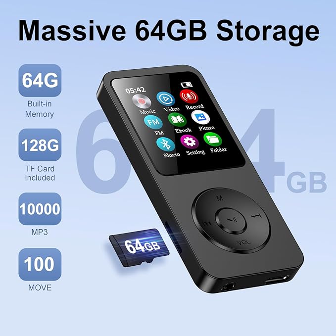 64GB MP3 Player with Bluetooth 5.3, 1.8 inch Screen Portable Music Player with Speaker, FM Radio, Voice Recorder, Physical Buttons Supports Expanded Up to 128GB(Black)