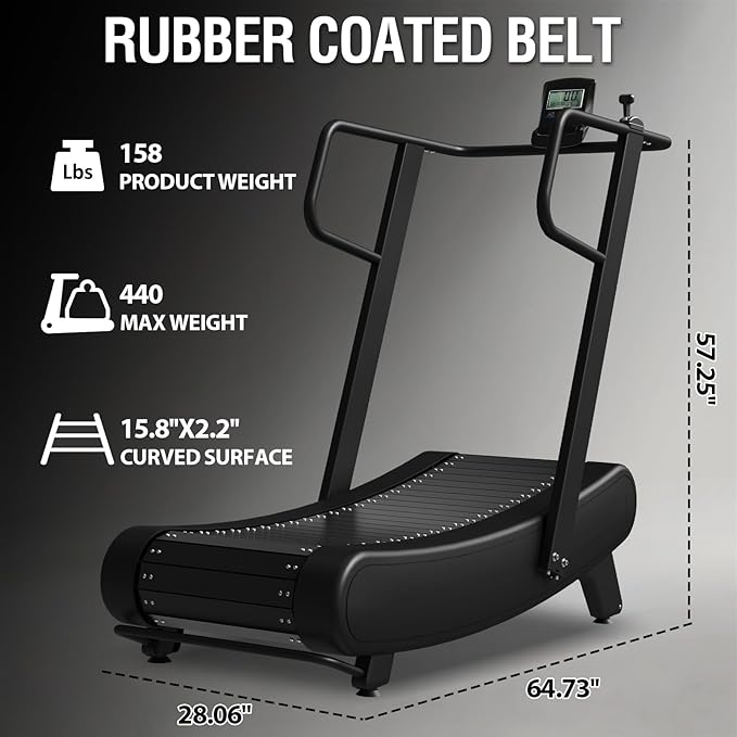 Mikolo Curved Manual Treadmill, Non Electric Treadmill with 8 Resistance Levels, LCD Digital Monitor Shock Absorption, Multi-Grip Adjustable Handrails, Non-Slip Belt