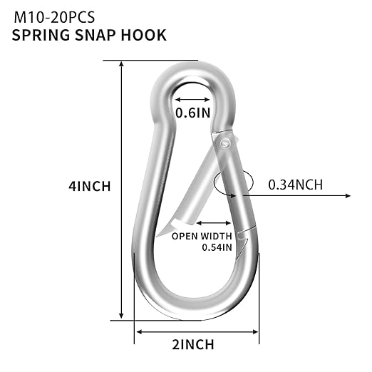 20PCS M10 Spring Snap Hook Carabiner, Heavy Duty 4'' Galvanized Steel Carabiner Clip, 770LBS Holding Capacity Spring Clips for Hammock Swing Outdoor Travel