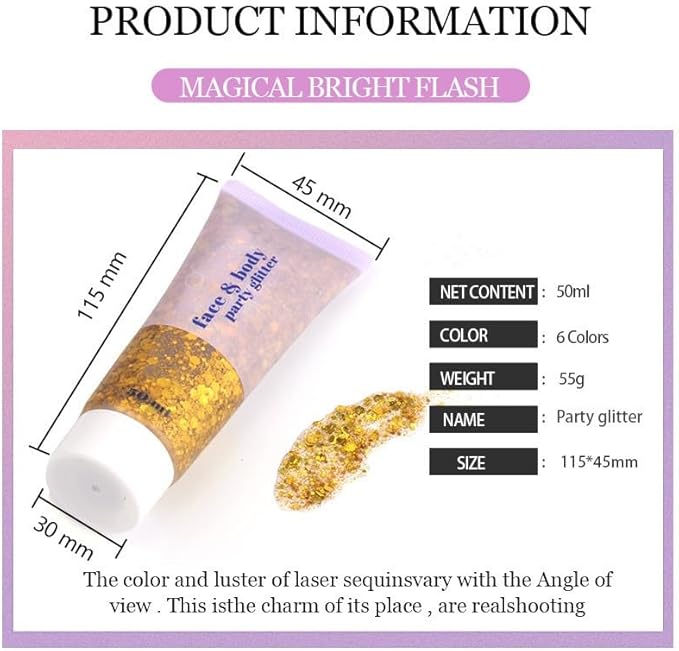 3 Color Face and Body Glitter Gel, Neon Outfit Glow Party for Body Hair Face Nail Glitter Stick Makeup. (01-Blue&02-Gold &06-White Moonbeam)