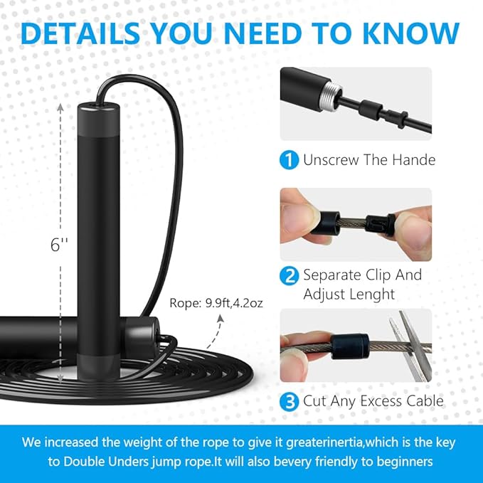 Jump Rope, HANDIO jump ropes 1/2 lb Weighted Jump Rope for Boxing, Cardio, Crossfit Workout, 8~10ft Range Adjustable Length Steel Ropes with Ball Bearings and Metal Handles, Jumpropes Suitable for Men