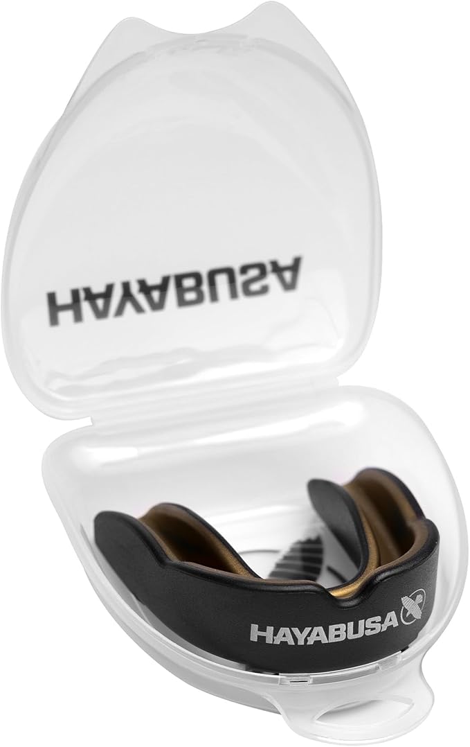Hayabusa Combat Sports Mouth Guard Youth, Kids and Adult Sizes Comes with Case - Black/Gold, Adult