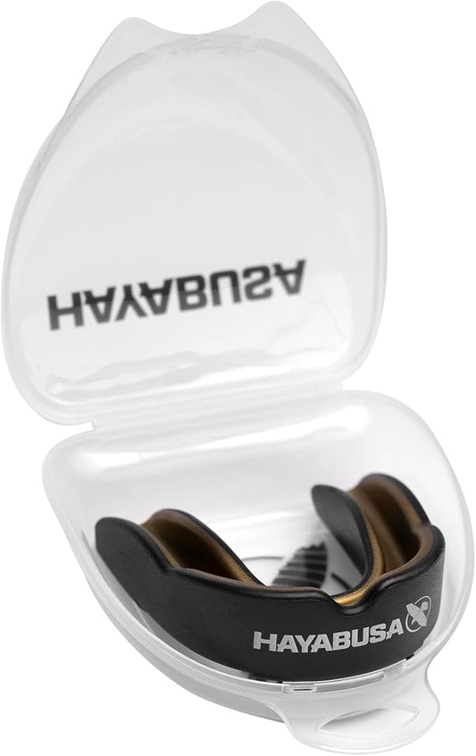 Hayabusa Combat Sports Mouth Guard Youth, Kids and Adult Sizes Comes with Case - Black/Gold, Adult