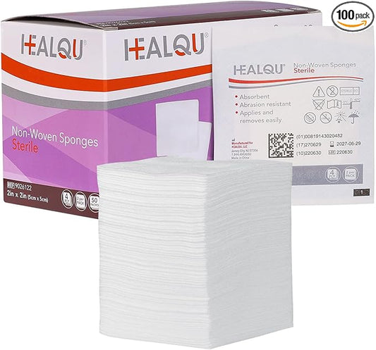 HEALQU 2x2 Gauze Pads Sterile - 100 Non-Stick Gauze Pads - (50 Packs of 2 Pads), Non Woven Gauze Sponges - Super Absorbent Medical Gauze Sponges for Wounds Bulk, First Aid Kits, Medical Facilities