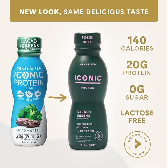 ICONIC Protein Shake, Cacao + Greens (12 Pack) – 20g Grass-Fed Protein Drink – Low Carb, Sugar Free, Keto Friendly – Lactose Free, High Protein Snack or Meal Replacement Shake