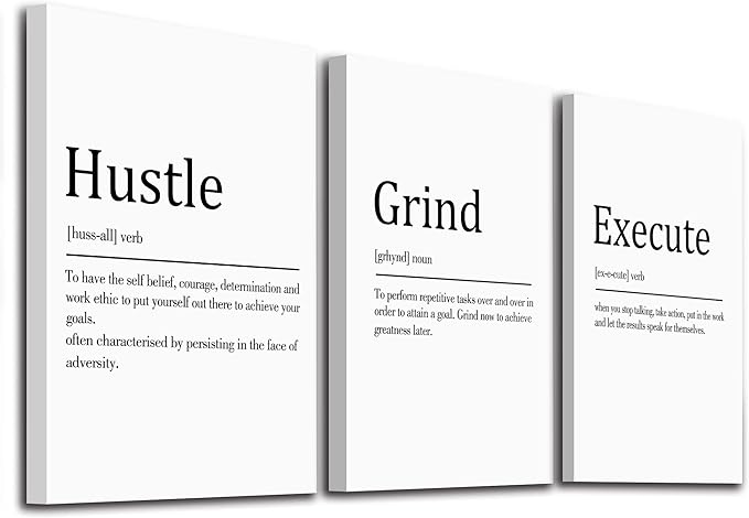 Hustle Grind Execute, Inspirational Wall Decor Art - Framed Canvas Office Decor, Quote Poster, Office Wall Art, White Large Poster, Positive Motivational Wall Art, 12x16inchx3pcs