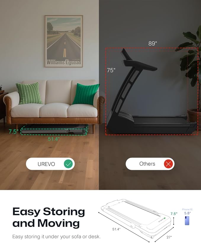 Smart Treadmill with 9% Auto Incline, Hiking and Running Walking Pad Treadmills for Home Office, Treadmill with UREVO APP, AI Powered Music Course, HIIT Programs Synced to Scenic Route, One-Click Mute