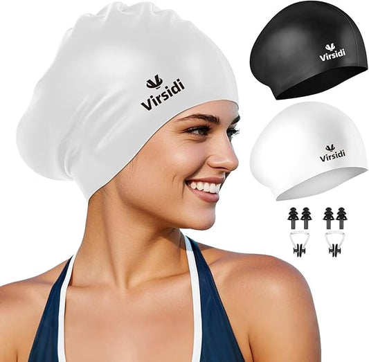 2 Pack Swim Cap for Women Men Adult, Silicone Swimming Caps for Short Long Hair, Waterproof Swim Hats Bathing Caps to Keep Hair Dry with Nose Clip and Earplugs