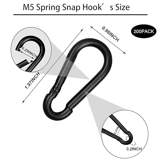 200 PCS 2'' Spring Snap Hook Carabiner, M5 3/16 Inch Galvanized Black Steel Carabiner Clip, 220LBS Holding Capacity Quick Link Clip Keychain for Hammock Dog Leash & Camping Gym