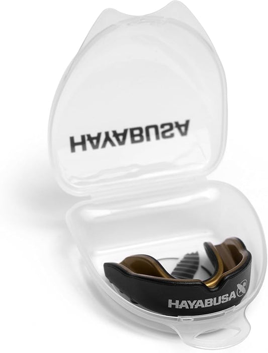 Hayabusa Combat Sports Mouth Guard Youth, Kids and Adult Sizes Comes with Case - Black/Gold, Youth