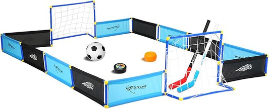 2-in-1 Knee Ice Hockey Set Rink Soccer Ball Indoor Mini Goals Set Include 2 Knee Hockey Sticks, 2 Goals, 12 Side Panels and an Inflatable Soccer Ball