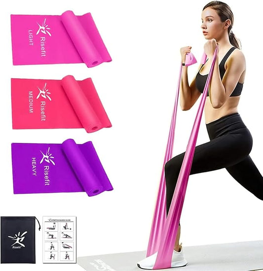 Therapy Flat Resistance Bands Set, Latex Free Flat Elastic Exercise Stretch Bands for Stretching, Flexibility, Pilates, Yoga, Ballet, Gymnastics, Rehab, Workout, Pink, Purple, Blue (3 Pack, 5 FT long)