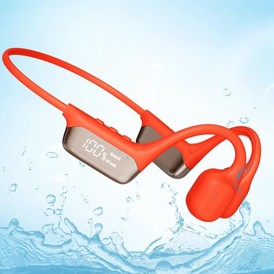 IHAO Swimming Headphones True Bone Conduction Open Ear Headset MP3 Player Built-in 32G Memory IP68 Underwater Waterproof Stereo Bluetooth Earphone for Driving Bicycling Running Skiing-Red