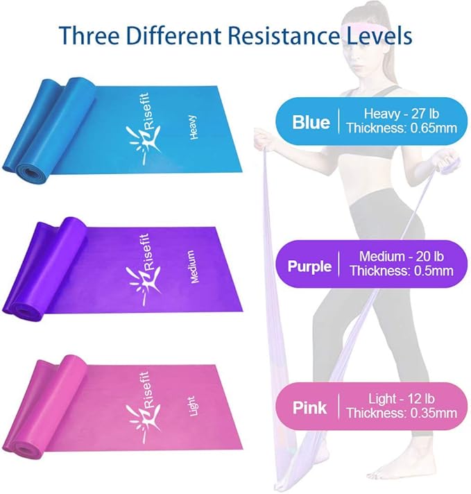Therapy Flat Resistance Bands Set, Latex Free Flat Elastic Exercise Stretch Bands for Stretching, Flexibility, Pilates, Yoga, Ballet, Gymnastics, Rehab, Workout, Pink, Purple, Blue (3 Pack, 5 FT long)
