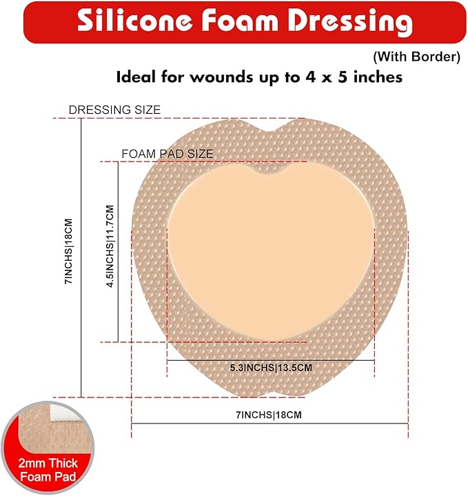 7"x7" (Pack of 10) Wound Silicone Sacral Foam Dressing Sacrum Foam Adhesive with Border - Waterproof Absorbent Breathable Bed Sore Pressure Pads