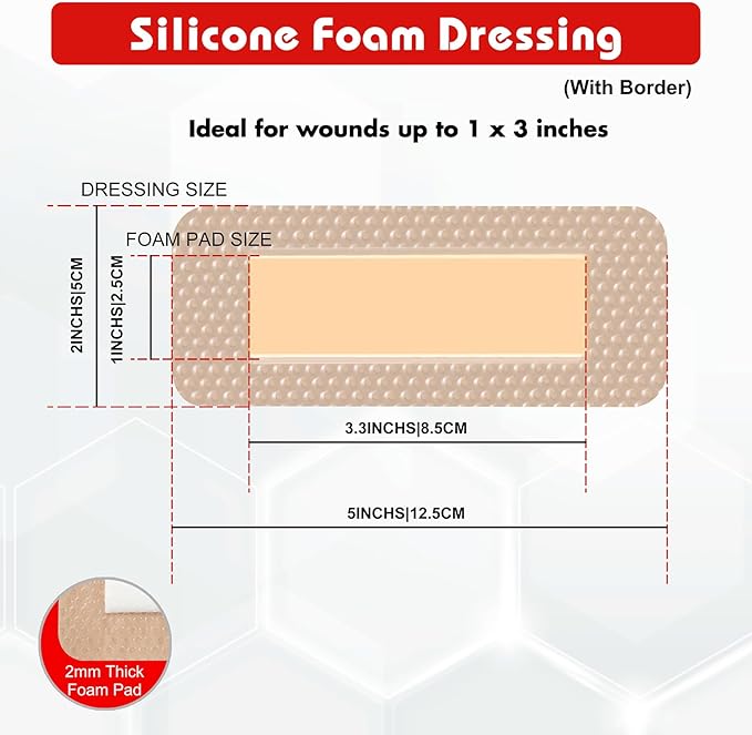 2" x 5" Pack of 10 Silicone Foam Wound Dressing - Waterproof Adhesive Bandages with Bordered - Super Absorbent & Breathable for Optimal Wound Care