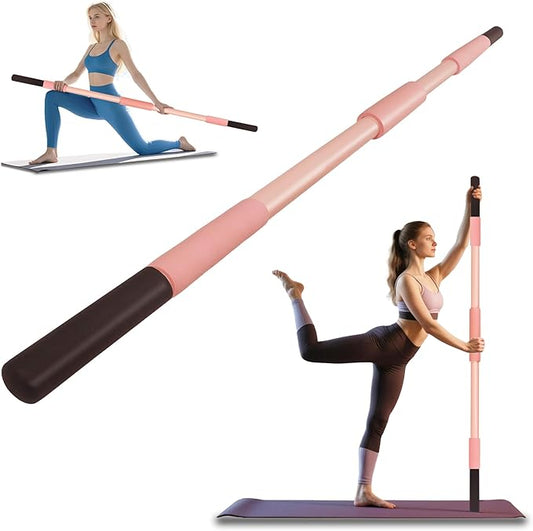 Pink Yoga Stick 58 Inch - Alloy Steel Stretching, Mobility & Exercise Stick with Neck & Hand Pads, Shoulder Flexibility Tool for Yoga, Pilates & Home Gym Workouts