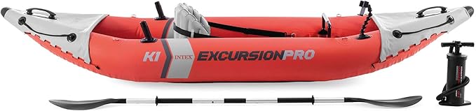 INTEX 68303EP Excursion Pro K1 Inflatable Kayak Set: Includes Deluxe 86in Kayak Paddles and High-Output Pump – SuperTough PVC – Adjustable Bucket Seat – 1-Person – 220lb Weight Capacity