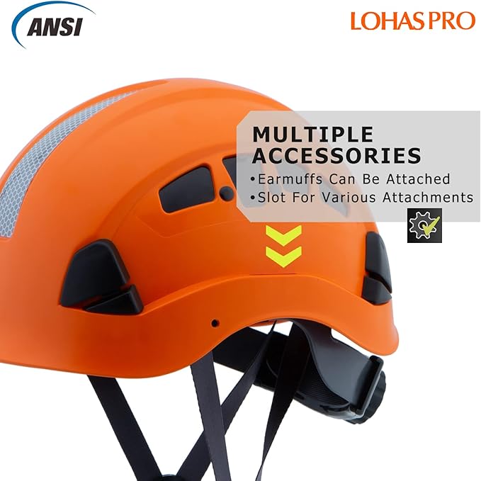 Hard Hats Construction Safety Helmet ANSI Z89.1 Approved OSHA Hardhat, LOHASPRO Vented Men Worker Orange Hard Hat with Chin Strap Tree Climbing Rescue Arborist Helmet (P4 Orange)