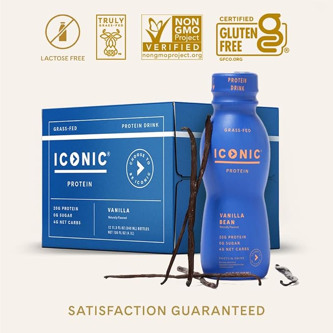 Iconic Protein Drinks, Vanilla Bean (12 Pack) - Sugar Free & Low Carb - 20g Grass Fed Protein - Lactose Free, Gluten Free, Non-GMO, Kosher - Keto Friendly Protein Shakes