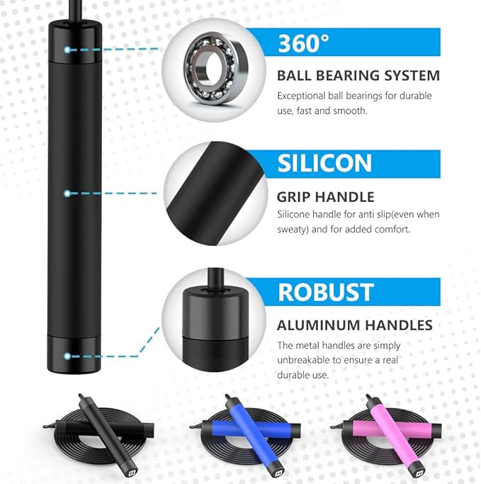 Jump Rope, HANDIO jump ropes 1/2 lb Weighted Jump Rope for Boxing, Cardio, Crossfit Workout, 8~10ft Range Adjustable Length Steel Ropes with Ball Bearings and Metal Handles, Jumpropes Suitable for Men