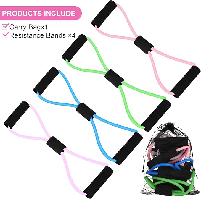 Figure 8 Shaped Resistance Bands -4-Pack Workout Bands with Handles Figure, 8 Exercise Bands for arm Shoulder Stretching, Leg Stretching, Yoga, Pilates, Home Gym Workout Equipment for Women Men