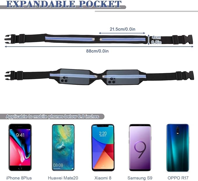 2 Pcs Running Belt for Men and Women, Slim Running Belt, Reflective Waterproof Double Pocket Design, Suitable for Running, Cycling, Mountaineering and Other Sports (Blue, Green)