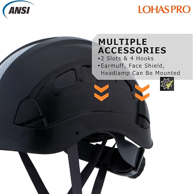 Hard Hats Construction Safety Helmet ANSI Z89.1 Approved OSHA Hardhat, LOHASPRO Vented Men Worker Black Hard Hat with Chin Strap Tree Climbing Rescue Arborist Helmet (P2 Black)