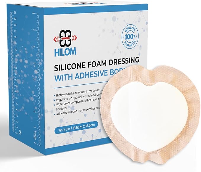 Hilom Silicone Foam Dressing 7x7 Inches with Adhesive Border (5 Pack) Waterproof Dressing | Moist to Heavily Draining Wounds Including Pressure Ulcer, Burns, or Lacerations | Latex Free