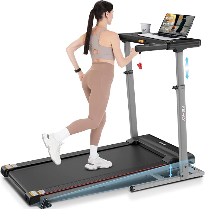 Treadmill with Desk Workstation & Adjustable Height, 300 LBS Weight Capacity, Folding Treadmill with 3 Level Incline, Bluetooth Speaker & App, Portable 2.5HP Walking Pad with Desktop for Home Office