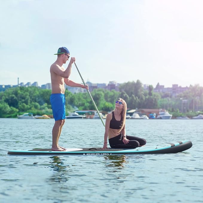 Inflatable Stand Up Paddle Board with SUP Accessories & Backpack. Paddle Boards for Adults. Non-Slip Deck, Wide Stance, Bottom Fin, Double Action Pump.