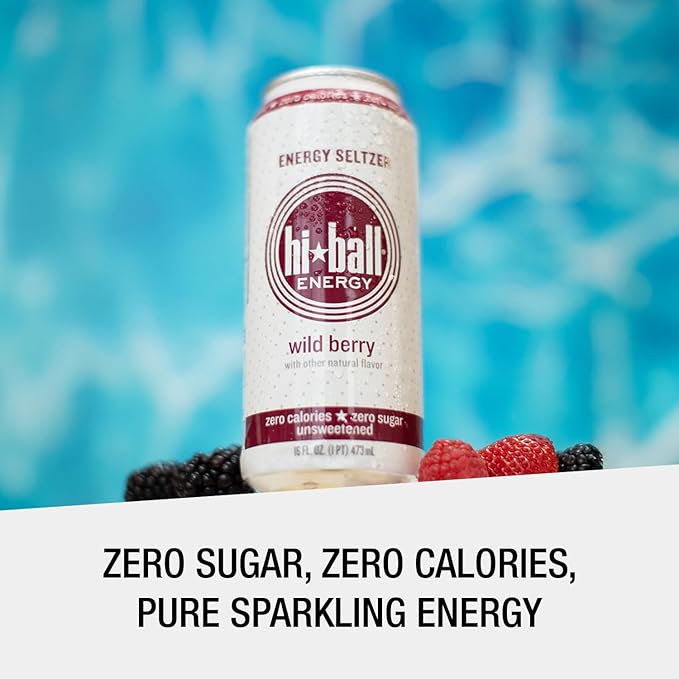 Hiball Clean Energy Drink - Wild Berry - Zero Sugar, Zero Calorie Sparkling Water with 160mg Organic Caffeine, 50mg Organic Ginseng, 50mg Organic Guarana and B Vitamins - 16 fl oz (8-Pack)
