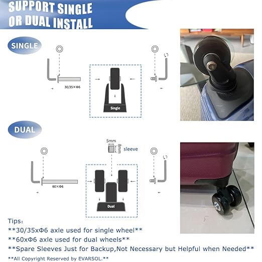 50mm Luggage Set of 4 Replacement Wheels for Trolley Case Travel Bags Caster Inline Roller Swivel Rubber Wheels Bearings Repair Kits with Axles 30mm&35mm&60mm