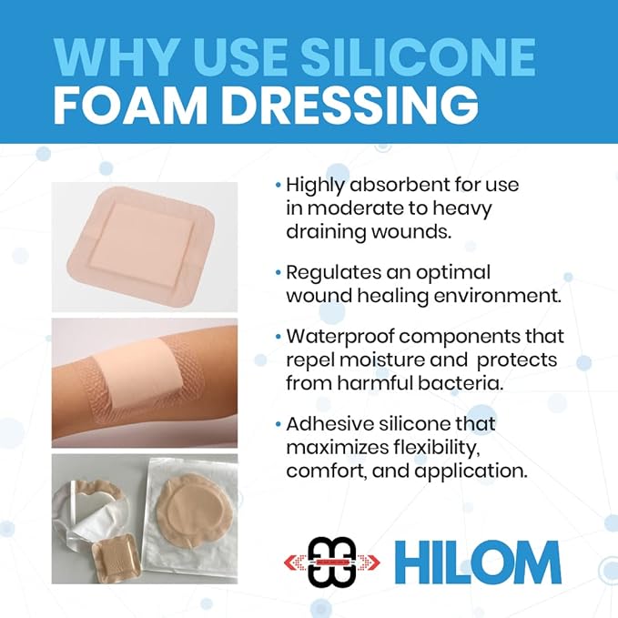Hilom Silicone Foam Dressing 7x7 Inches with Adhesive Border (5 Pack) Waterproof Dressing | Moist to Heavily Draining Wounds Including Pressure Ulcer, Burns, or Lacerations | Latex Free