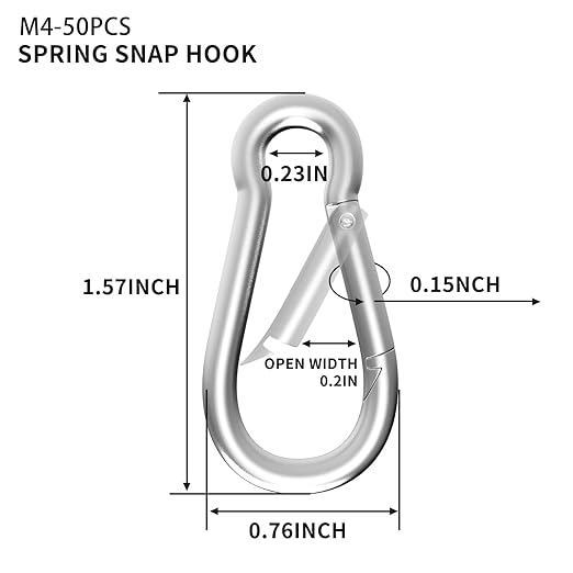 50PCS M4 Spring Snap Hook Carabiner, Heavy Duty Galvanized Steel Carabiner Clip, 110LBS Holding Capacity Spring Clips for Hammock Swing Outdoor Travel
