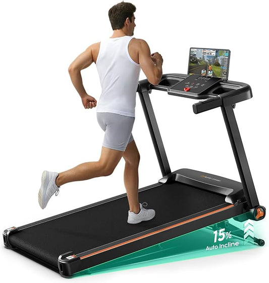 Treadmill with 0-15% Auto Incline, 3.5HP Quiet Brushless Foldable Treadmills for Home, Small Space Portable Running Walking Machine, 300 Lbs Capacity with Bluetooth APP & Pulse Monitor