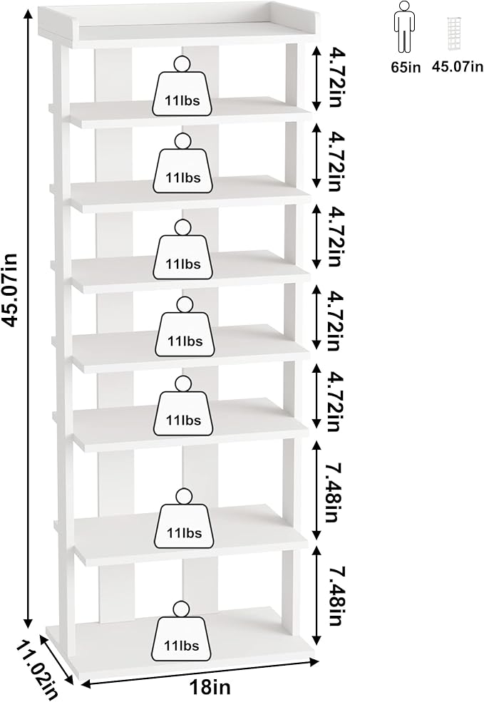 HOMEFORT 7-Tier Wood Shoe Rack, Double Rows 7-Tier Shoe Shelf, Shoe Storage Stand, Entryway Shoe Tower, Vertical Shoe Organizer Perfect for Narrow Closet, Entryway, Hallway, Bedroom in White