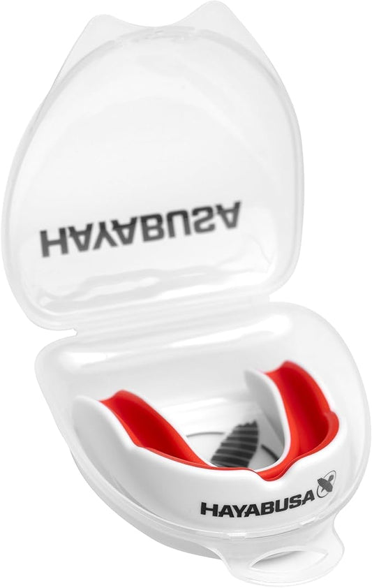 Hayabusa Combat Sports Mouth Guard Youth, Kids and Adult Sizes Comes with Case - White/Red, Adult